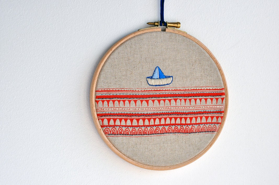 round dream Sailboat 3 - mixed media - embroidery art - 6 '' wooden hoop