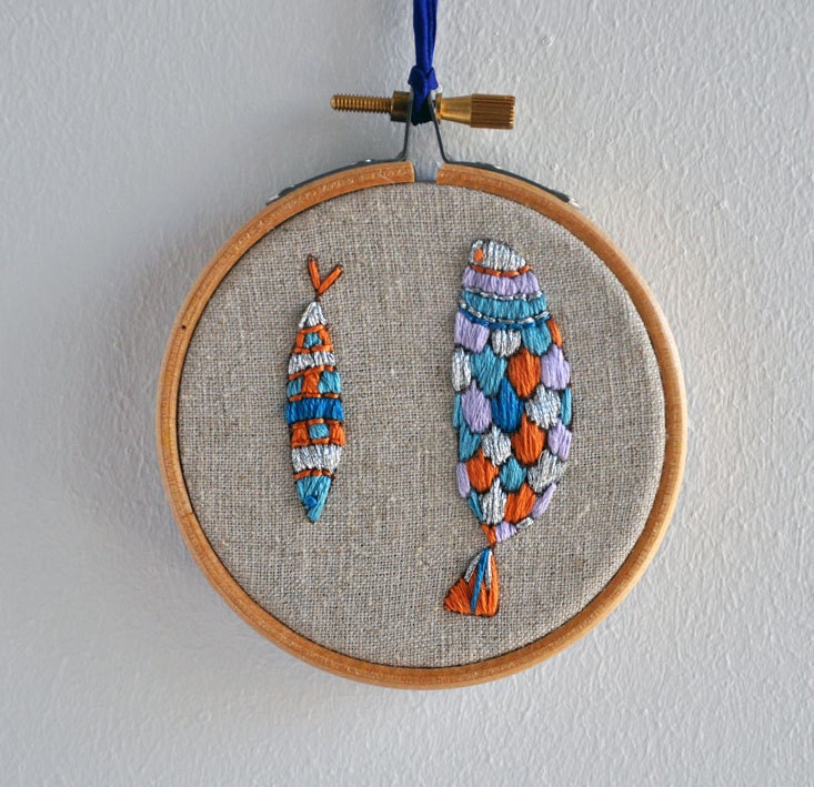 Silver Fishes - original mixed media embroidery hoop art