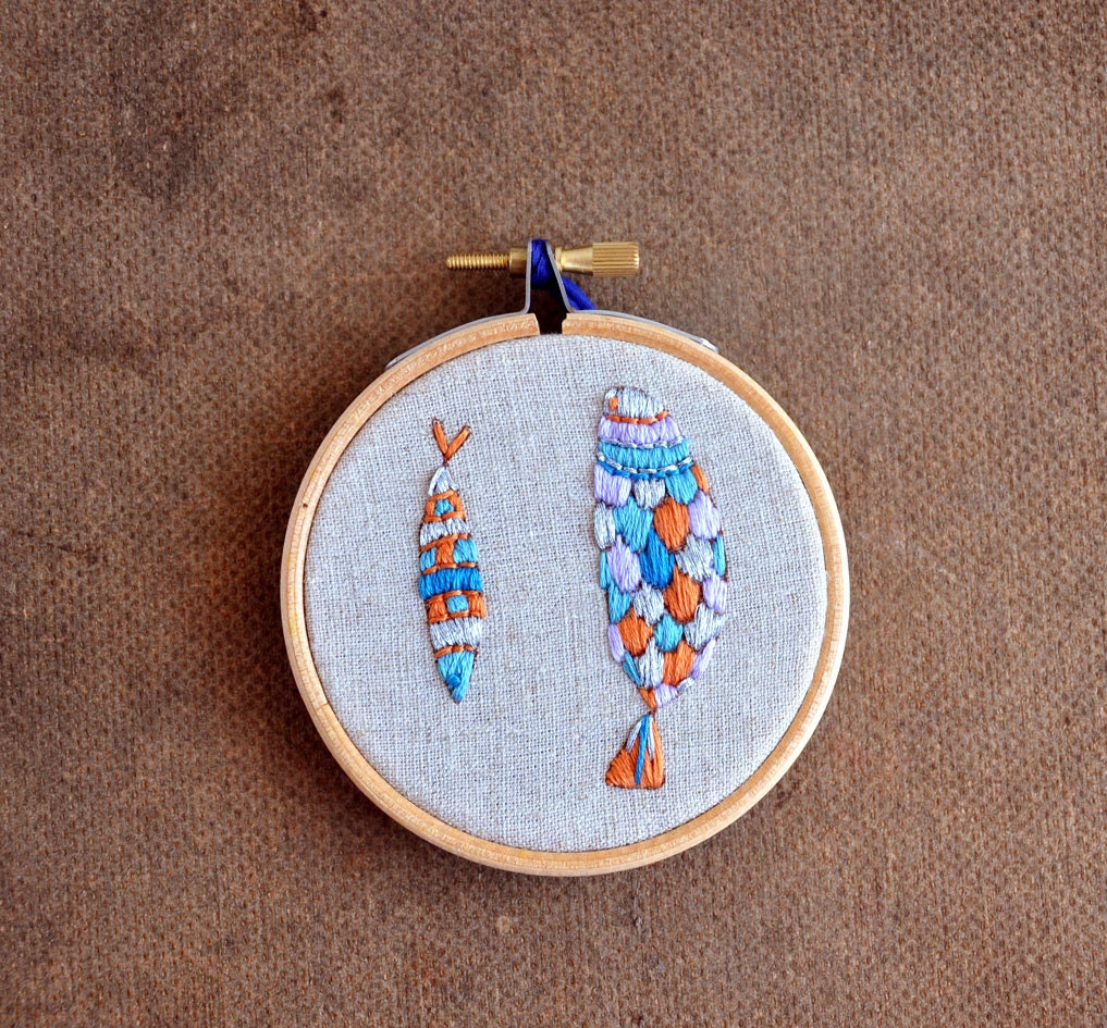 Silver Fishes - original mixed media embroidery hoop art
