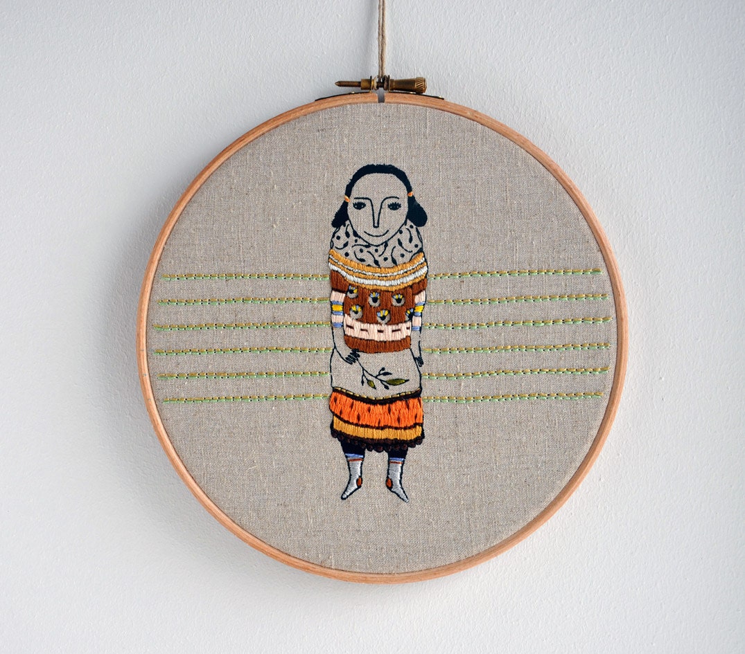 Layer Girl 2 - mixed media embroidery wall hanging hoop art (screen print & hand embroidery)