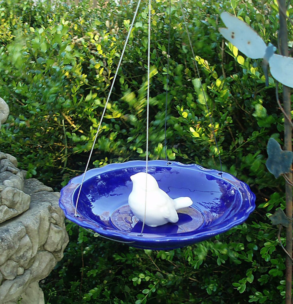 Hanging Ceramic Bird Feeder Cobalt Blue