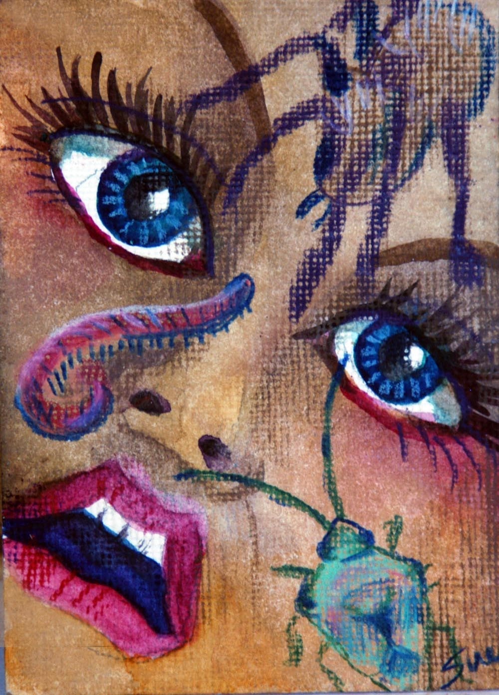 original art aceo card drawing Creep Crawly Bugs woman