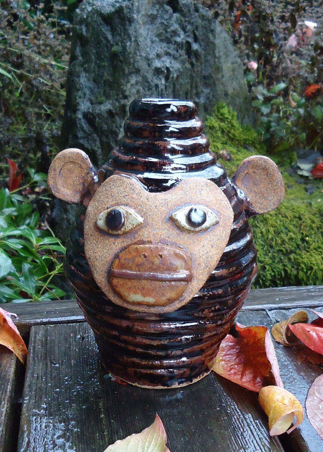 Stoneware Tenmuko Monkey Face coiled jug