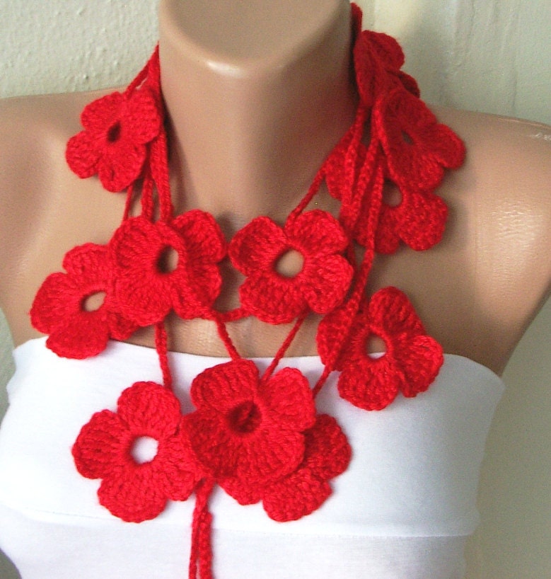 Handmade Crochet Red Flower Lariat, Scarf, Necklace