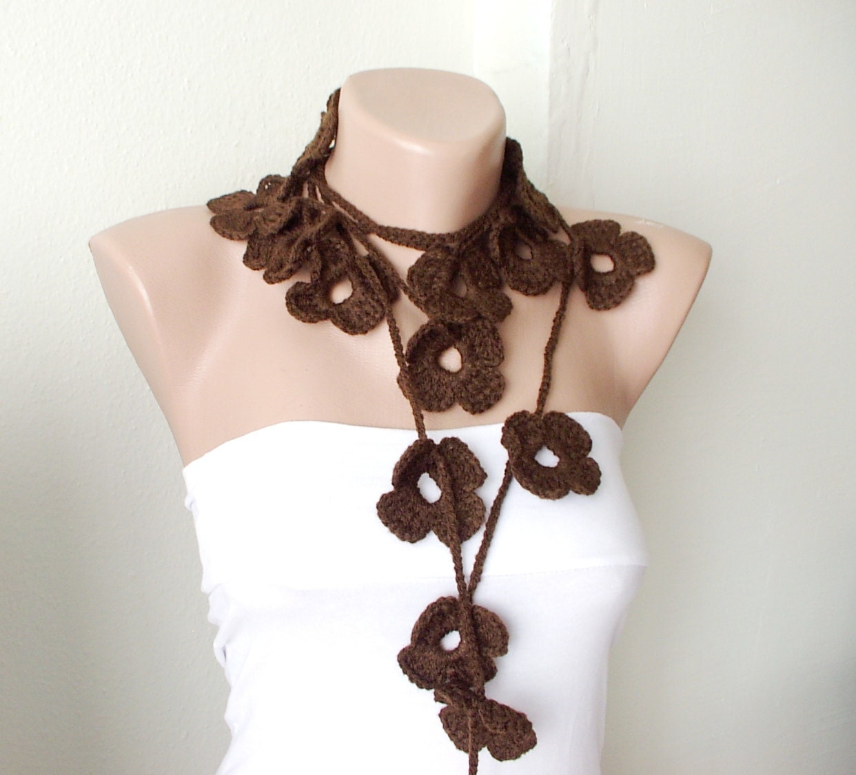 ON SALE Flower Scarf Handmade Crochet Brown , Bitter, Chocolate  color Flower Lariat, Scarf, Necklace