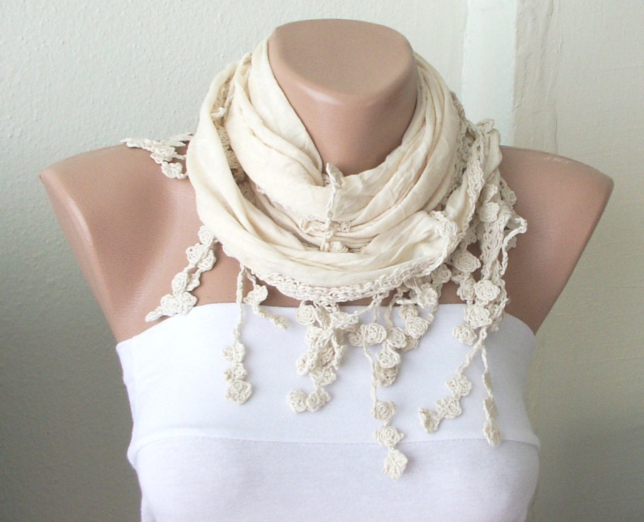 Lace Scarf - Cotton Scarf - Cream Scarf - Cowl Shawl