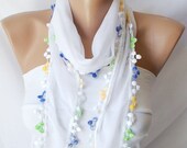 Lace Scarf - Cotton Scarf - bandana headband - Pompom Scarf