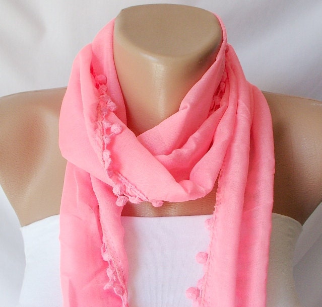 Pompom Scarf - Coral Neon Pink - Cotton Scarf - Woman Shawl