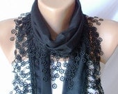 Black Scarf- Cotton Scarf - Lace Scarf- Scarf with Lace Edge