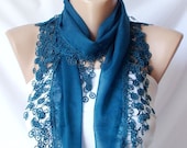 Lace Scarf  - Teal Green - Cotton Scarf with Lace