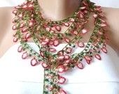 Strawbery- Red, white and green Lace flower Necklace, Lariat, Bracelet - Turkish lace Work