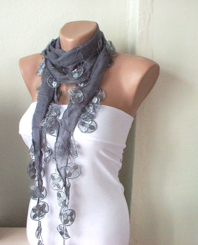 Grey, sky grey Cotton Scarf with Lace