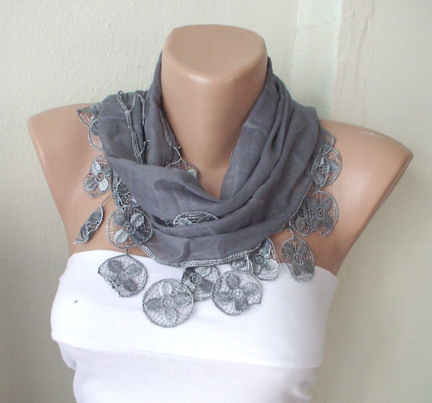 Grey, sky grey Cotton Scarf with Lace