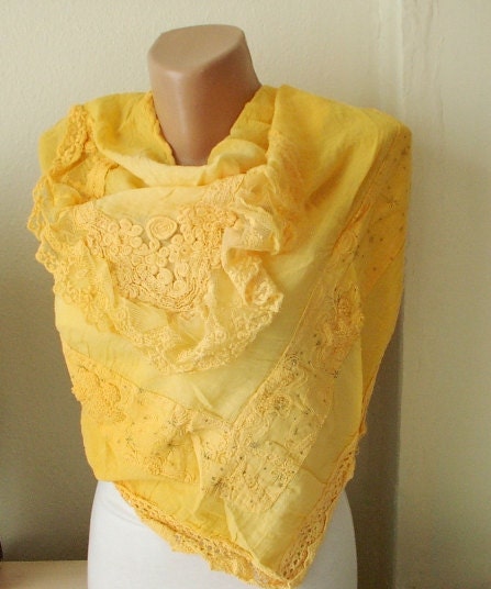 Tulle Scarf - Hand Dyed - Yellow Scarf - Shawl Scarf from %100 cotton with flora desing and tulle patchwork