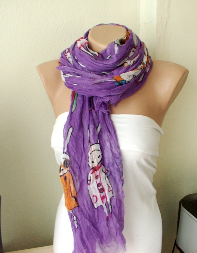 Five Bunnies are Shopping Purple Cotton Long Scarf with wrinkle