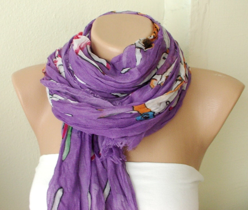 Five Bunnies are Shopping Purple Cotton Long Scarf with wrinkle