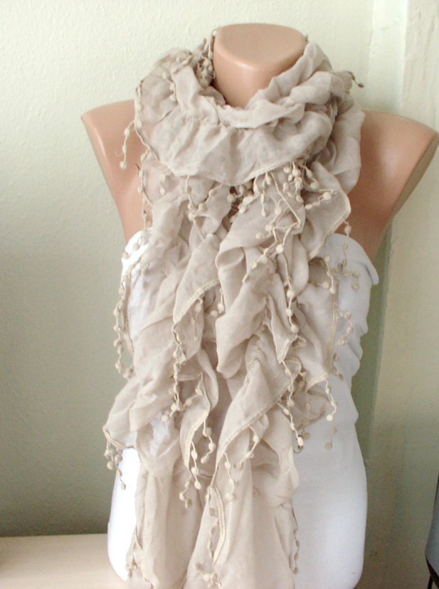 Beige Color Ruffle Scarf from %100 coton with pompom lace