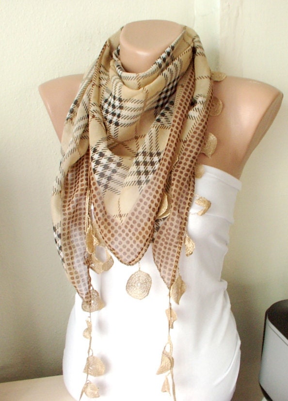 Lace Scarf Plain Scarf from coton with cream circle lace