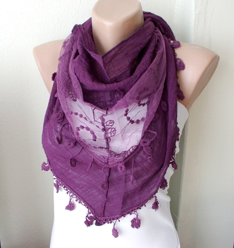 Plum Purple Cotton Scarf with Pine flower Lace