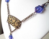 Necklace, Antique Brass Owl Trio Pendant Blue Czech Glass