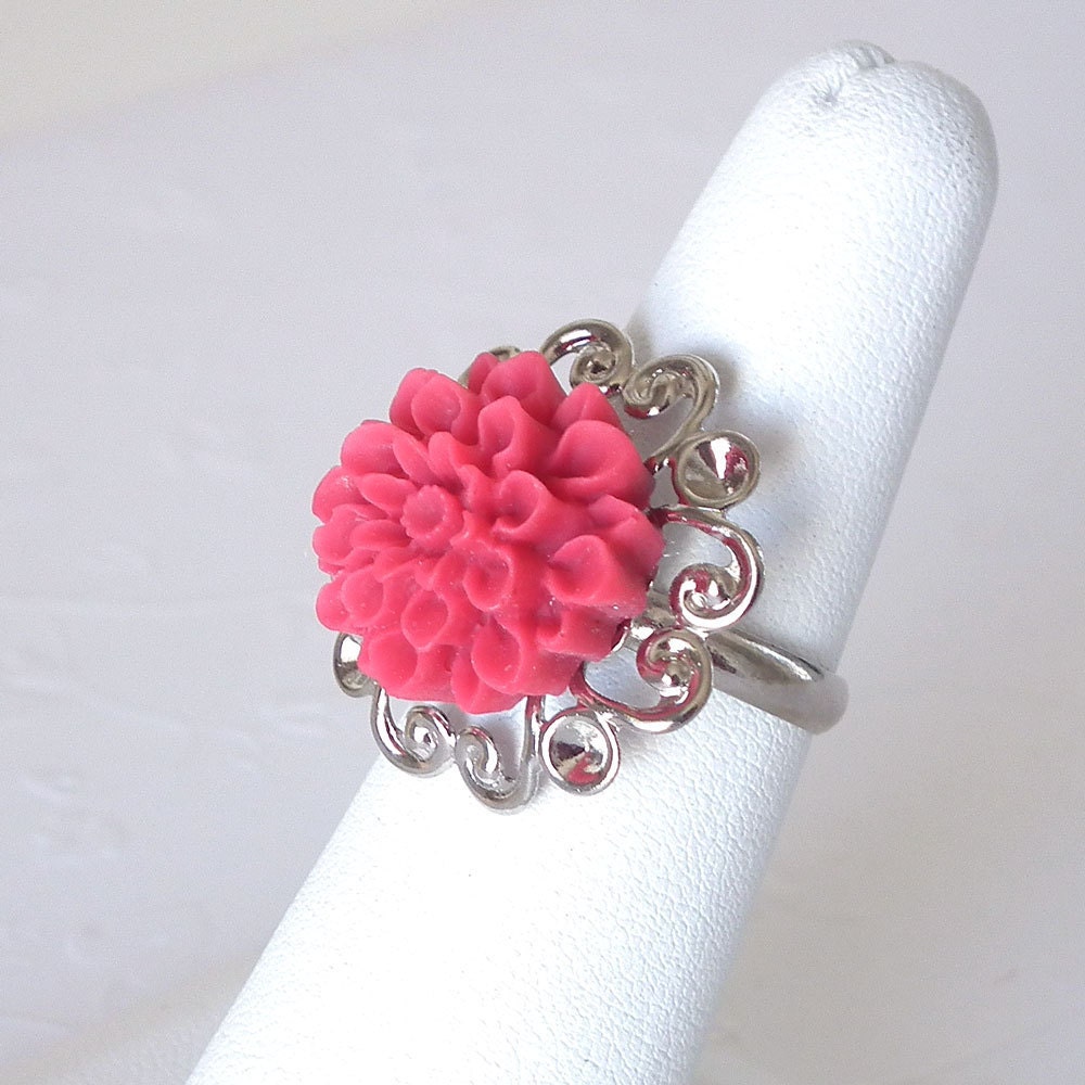 Ring: Bright Pink Flower Silver Filigree