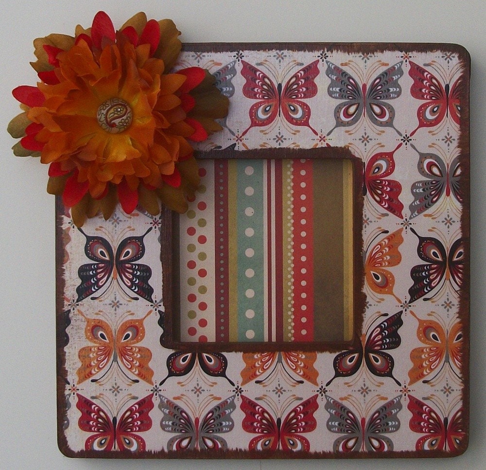 Earthtone Butterfly Altered Picture Photo Frame with Floral Accent