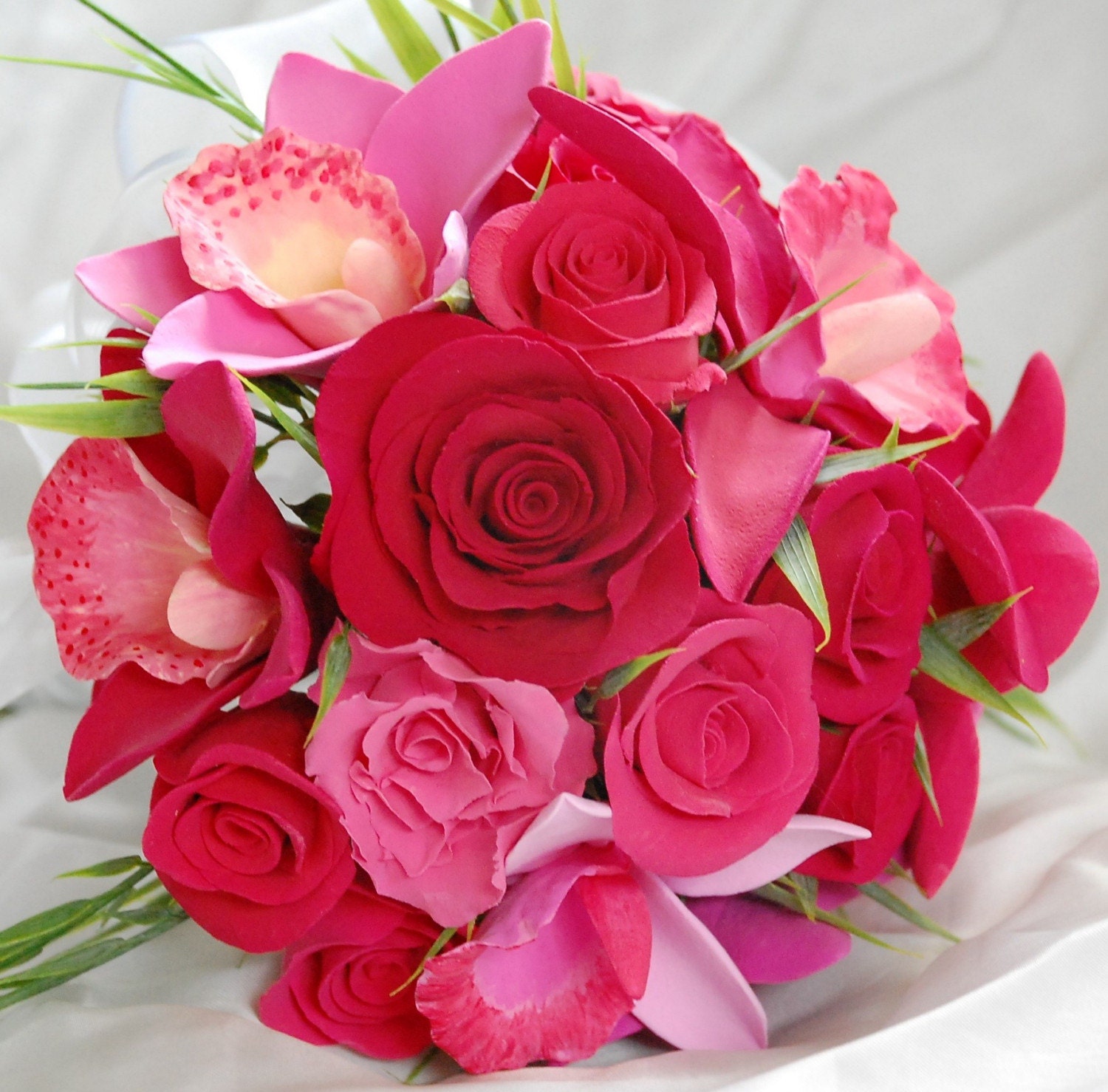 Claycraft by DECO Pink Cymbidium and Dendrobium Orchid with Tea Roses Bridal Hand Tied Bouquet