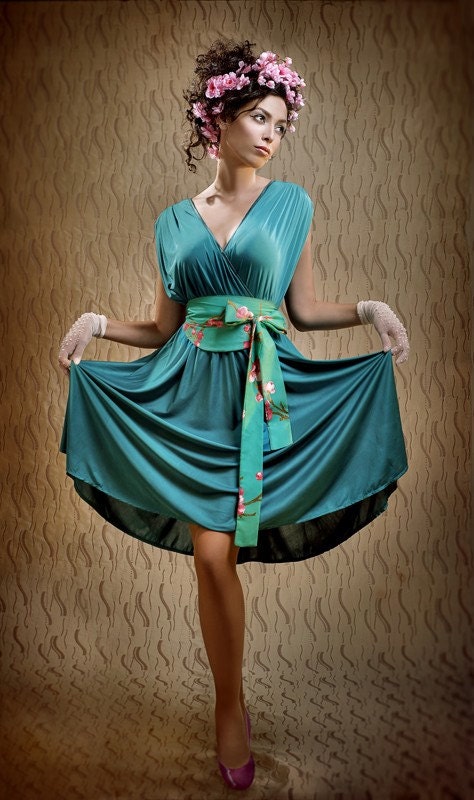 evening dress in cyan green inspired by ancient Rome