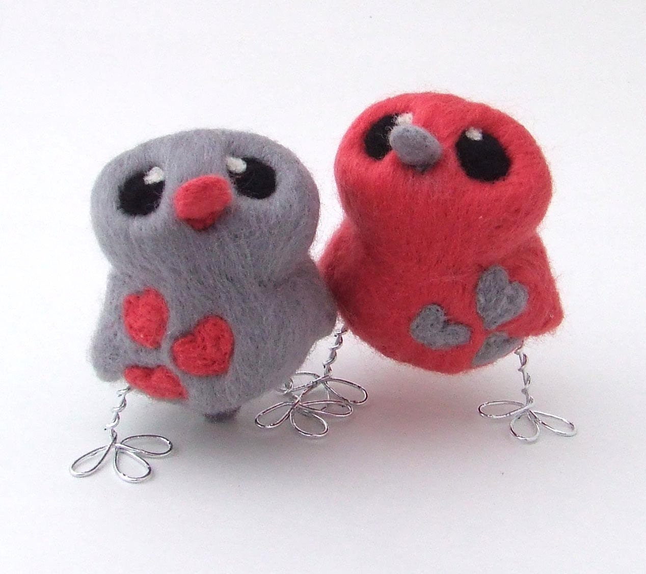 Needlefelted Wedding Cake Topper Birds in Coral and Grey
