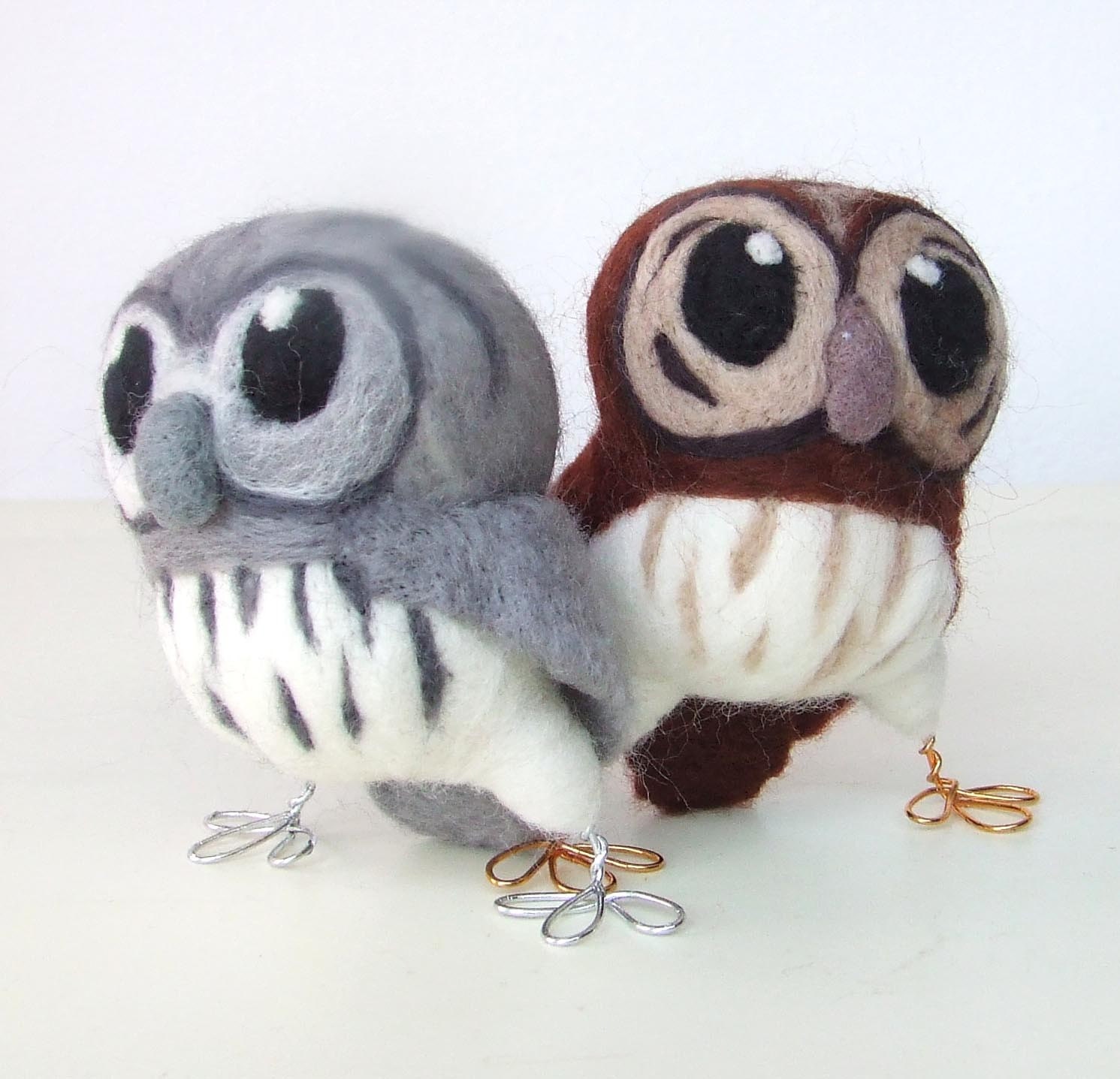 Needlefelted Bird Wise Grey Owl Hoot  Little Owl in Dusky Greys
