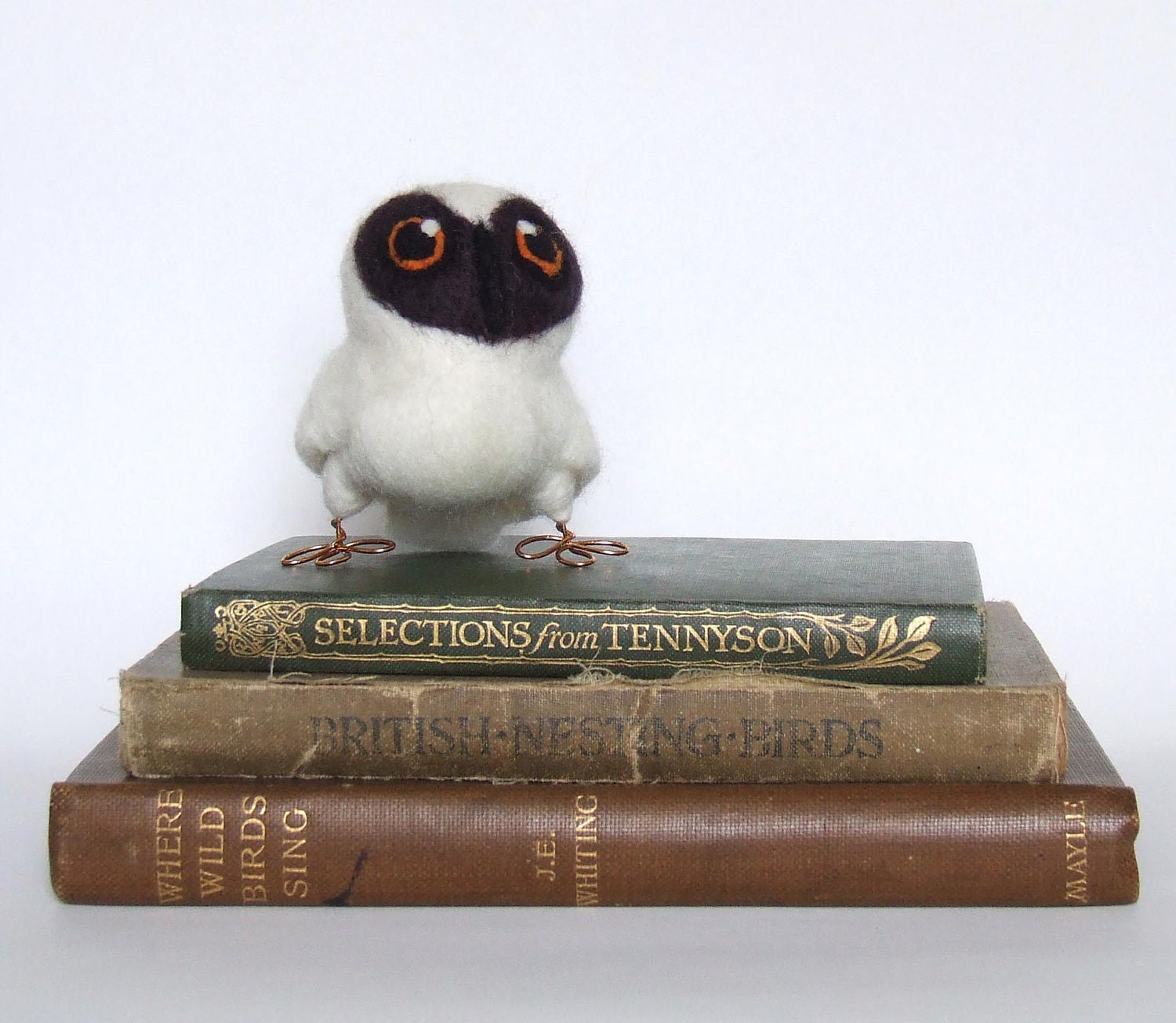 Needle Felted Bird Spectacled Owl Chick Hoot in Natural White