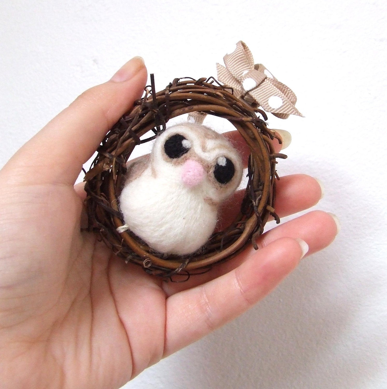 Needlefelted Barn Owl Mini Autumn Wreath with Felt Bird