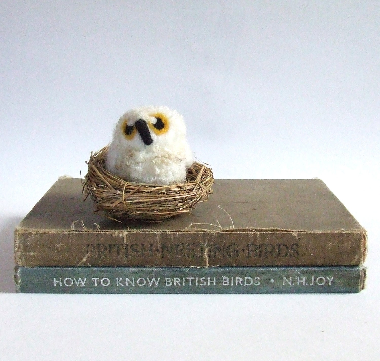 Owl Baby Needlefelted Bird Cute and Fluffy Natural White with Nest