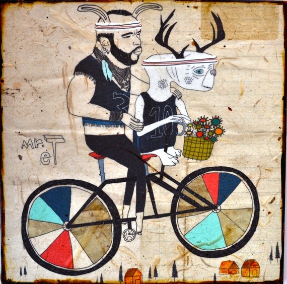 Besties - mixed media print on wood