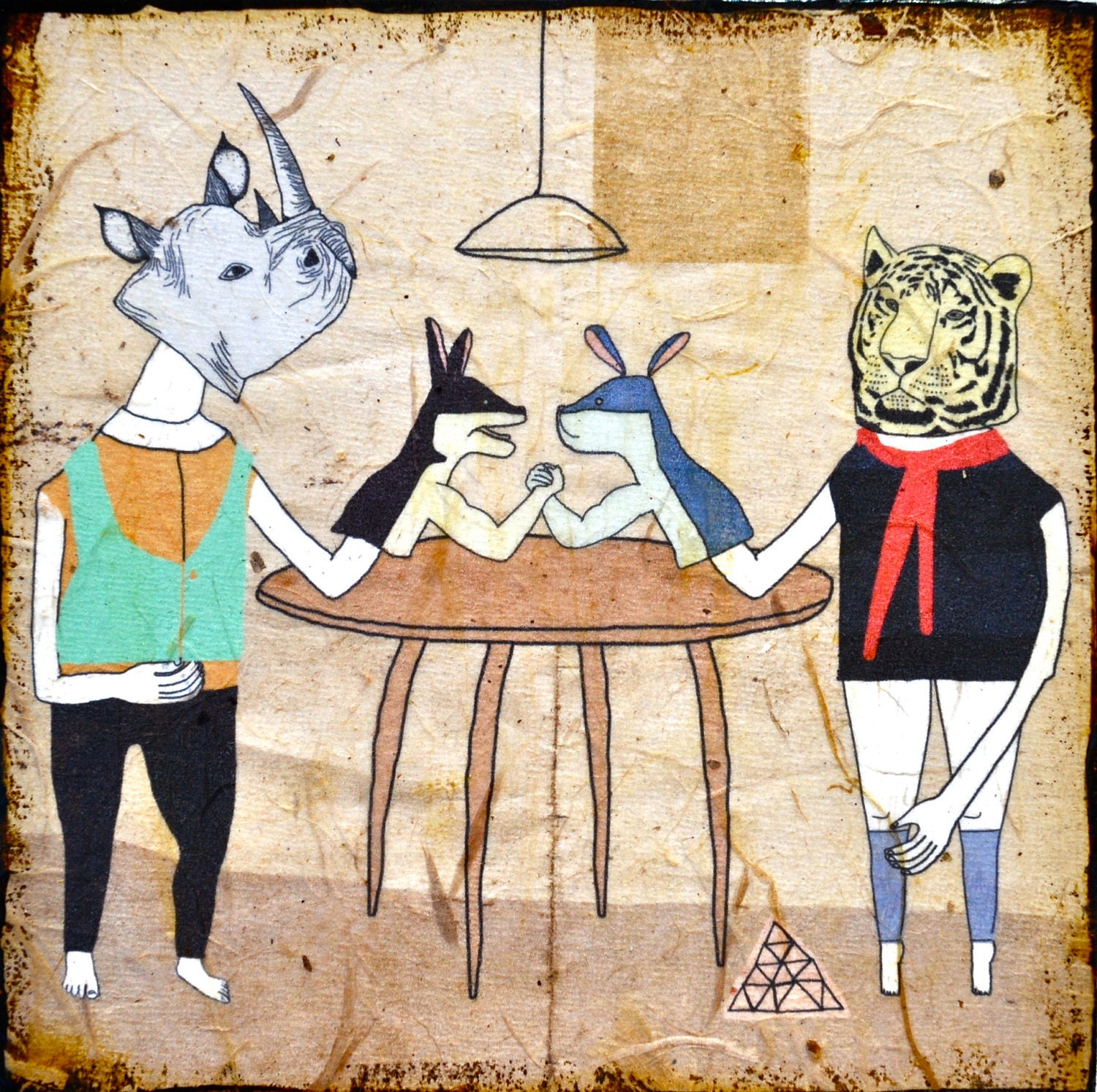 Arm Wrestle- mixed media print on wood