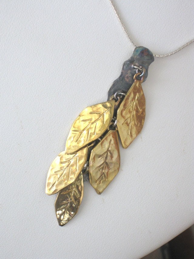Gold plated brass leaf necklace, Sterling Silver and 22k gold plated Brass