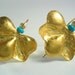 Gold flower earrings, hammered sterling silver, 24k goldplate  with turquoise beads