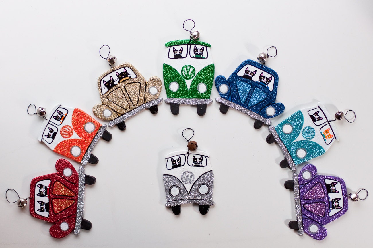 Glittery Volkswagen Road Trip Clay Cat Folk Art Ornament