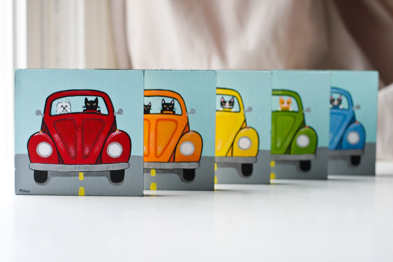 Volkswagen Road Trip Cats Original Folk Art Painting