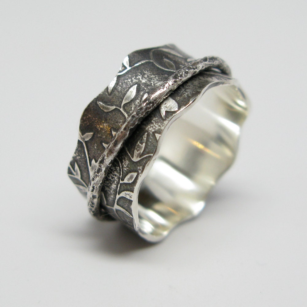 Sterling Silver Leaf Pattern Spinner Ring with Branch Spinner