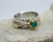 Hammered Argentium Sterling Silver and 10k Recycled Gold Spinner Ring with Emerald