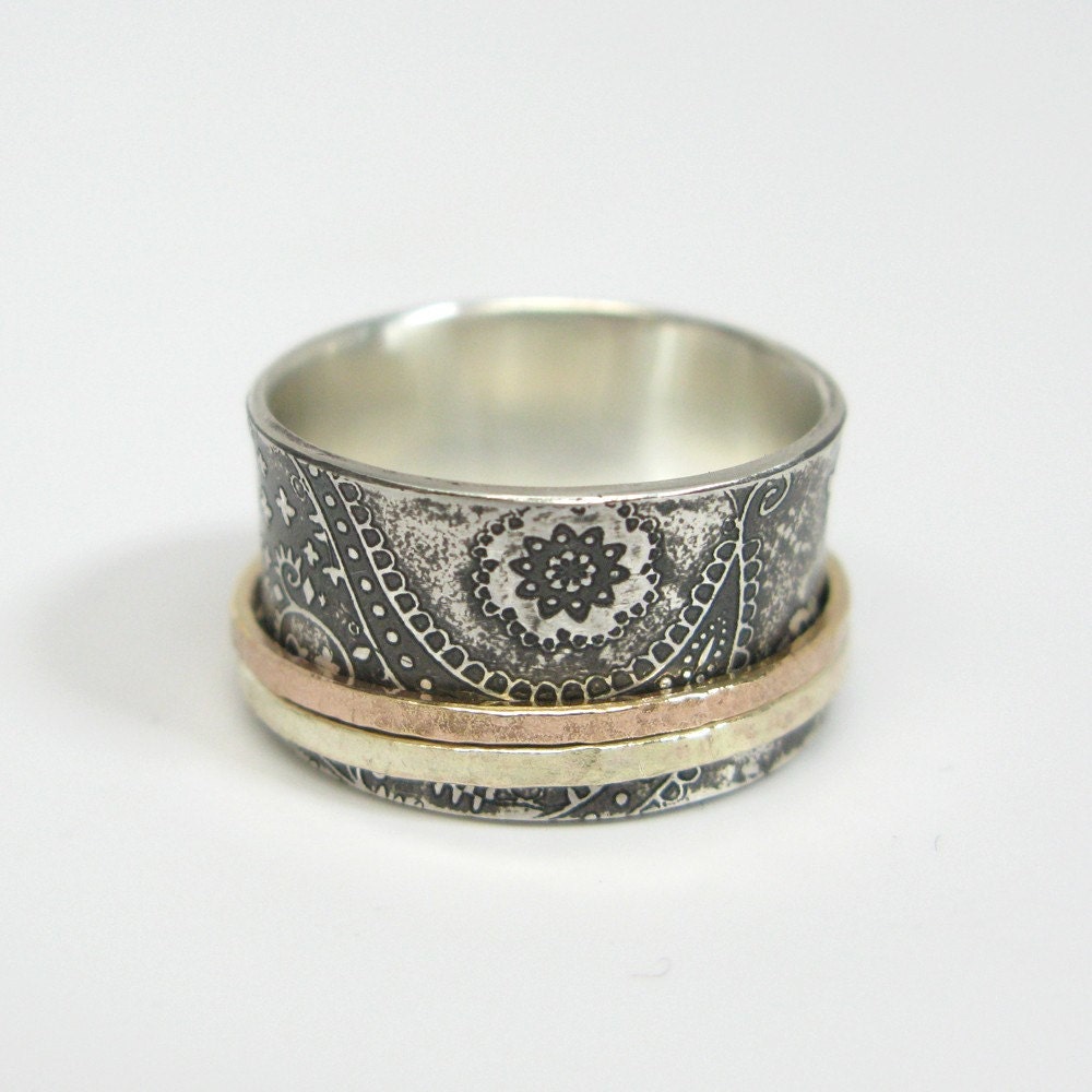 Chunky Paisley Sterling Silver Spinner Ring with 14k Rose Gold and 10k Yellow Gold Hammered Spinners