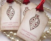Custom Christmas Holiday Tags - Personalised with your family name - Vintage Style Set of 5 - Baubles and Glitter - Bright Red Ribbon