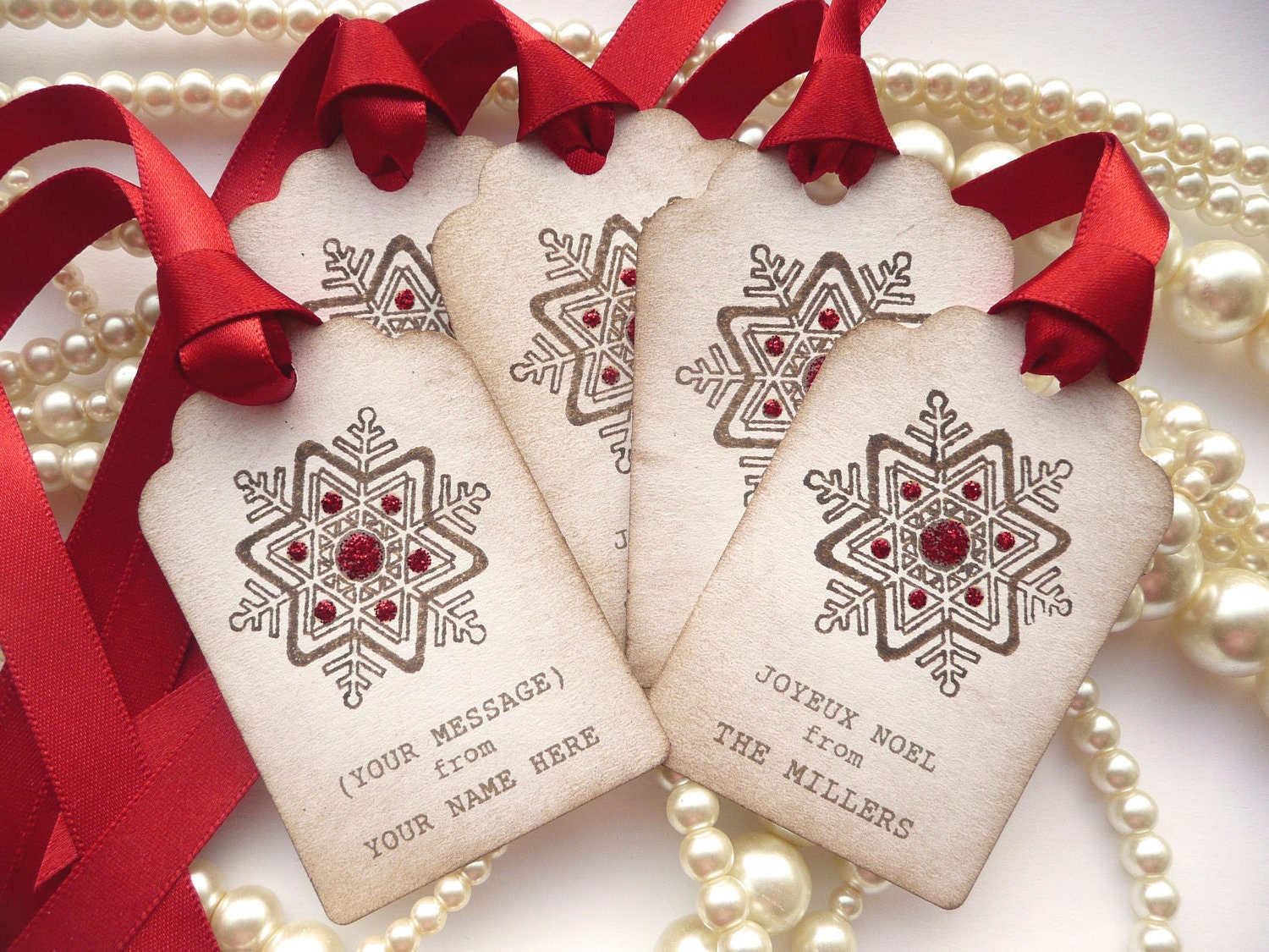 Custom Christmas Holiday Tags - Personalised with your family name - Vintage Style Set of 5 - Snowflakes and Glitter - Bright Red Ribbon
