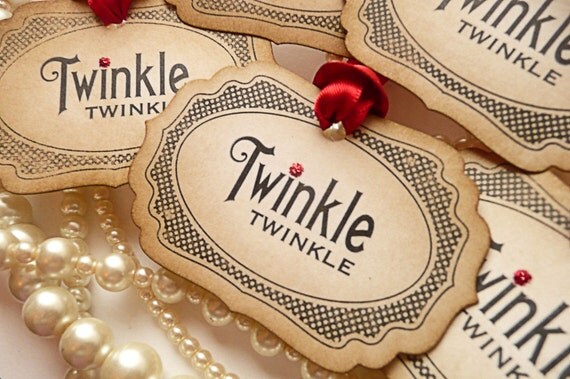 Red Christmas Tags - Vintage Style - Set of 5 - Twinkle Twinkle with Bright Red Ribbon 2012