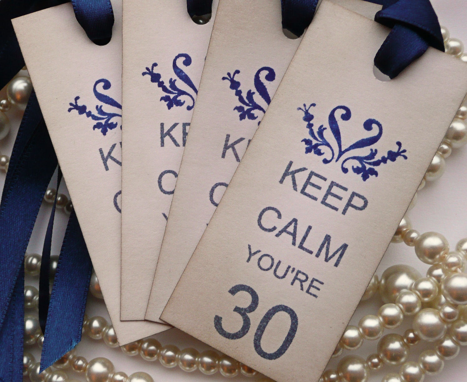 Keep Calm You're 30 - Set of 10 - 30th Birthday Vintage Style Tags with Navy Blue Ribbon