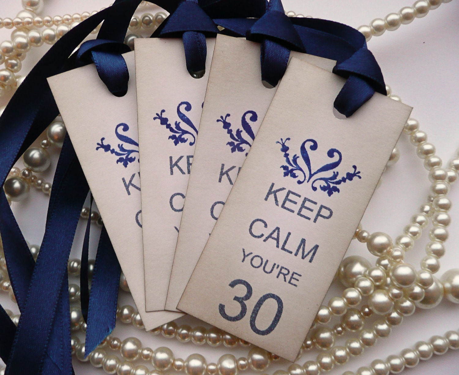 Keep Calm You're 30 - Set of 10 - 30th Birthday Vintage Style Tags with Navy Blue Ribbon