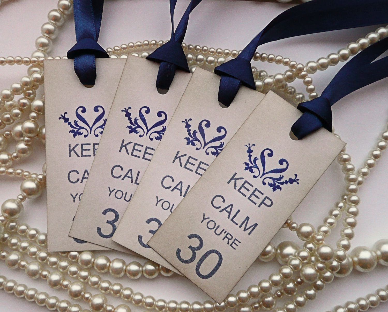 Keep Calm You're 30 - Set of 10 - 30th Birthday Vintage Style Tags with Navy Blue Ribbon