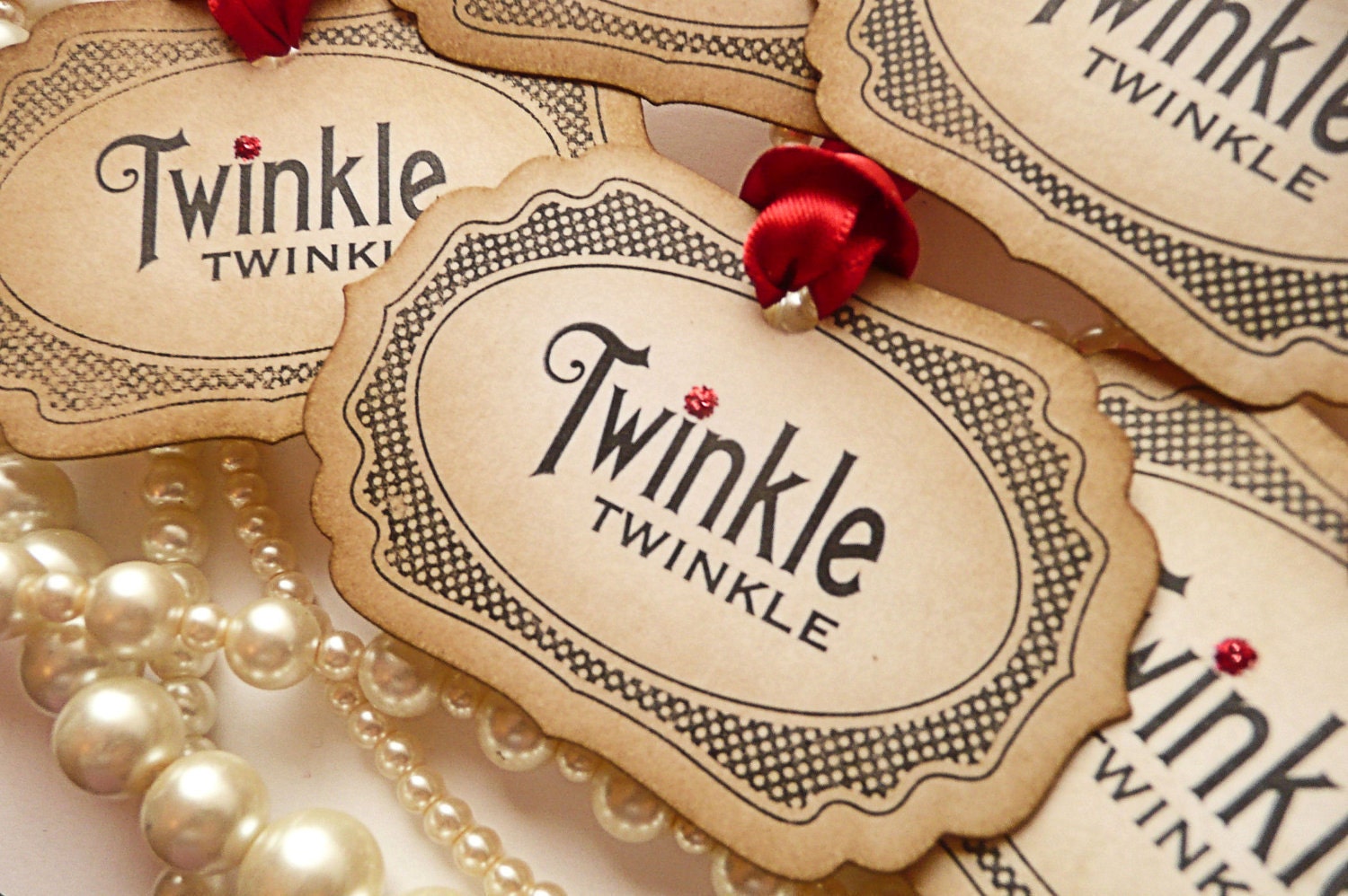 Red Christmas Tags - Vintage Style - Set of 5 - Twinkle Twinkle with Bright Red Ribbon 2012
