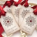 Custom Christmas Holiday Tags - Personalised with your family name - Vintage Style Set of 20 - Snowflakes and Glitter - Bright Red Ribbon